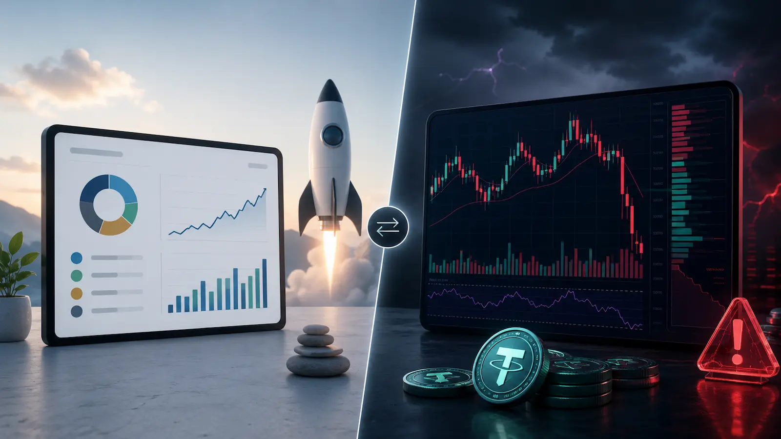 Rakete, Depot und Trading-Chart als Symbol für den Unterschied zwischen SpaceX Aktie und SPCX Future.