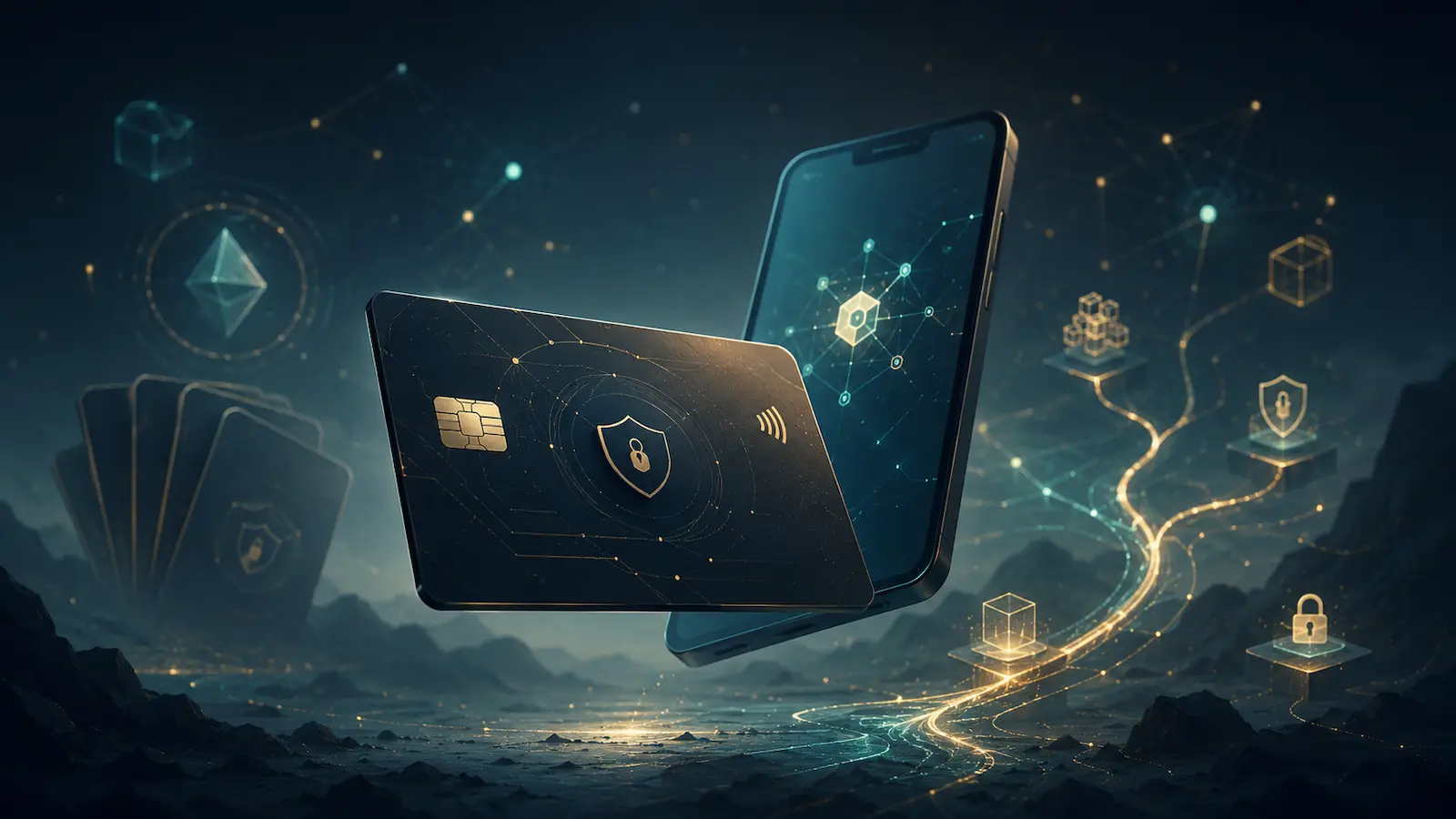Fantasievolle Illustration einer Karten-Wallet neben einem Smartphone mit leuchtenden Netzwerkpfaden als Symbol für Tangem Wallet Nachteile