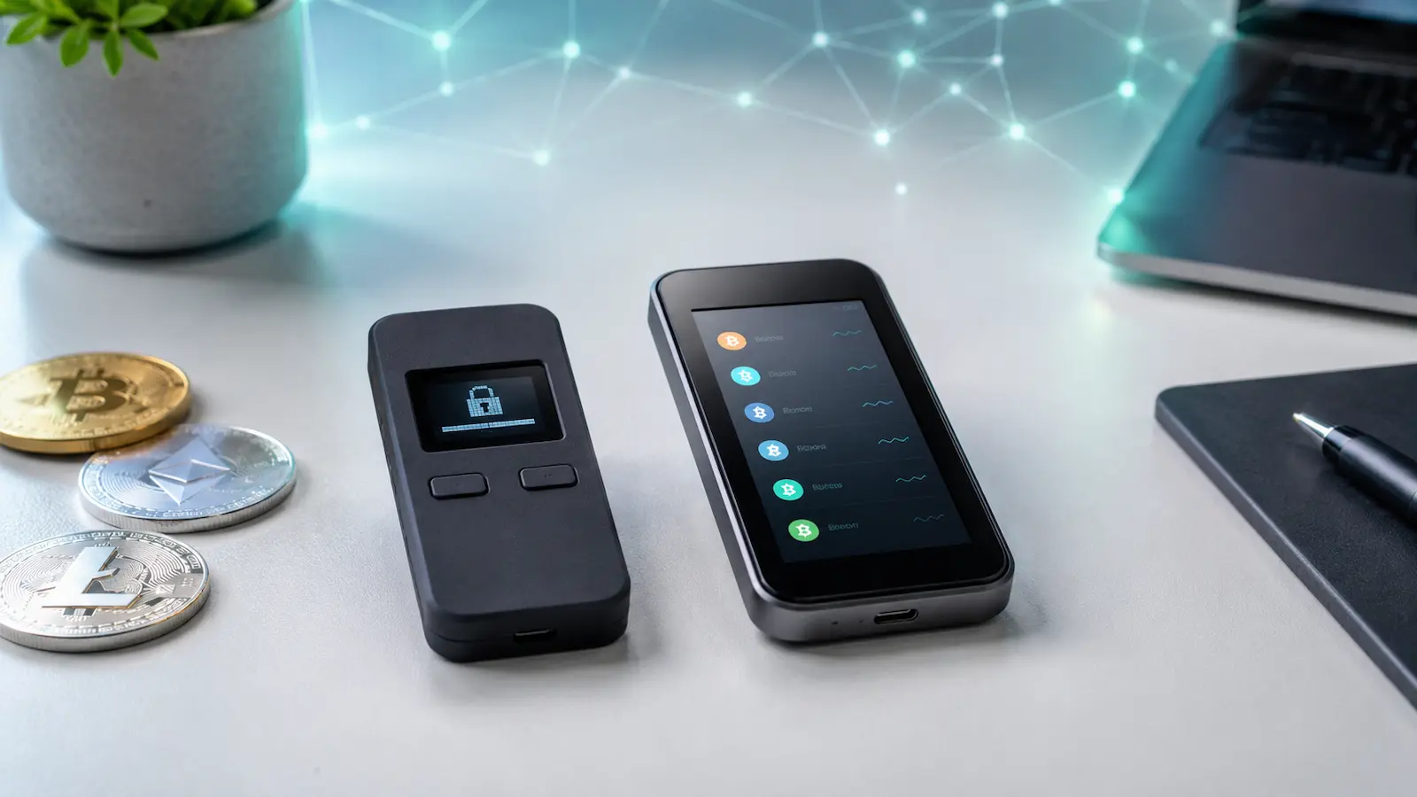 Trezor Safe 3 und Trezor Safe 5 nebeneinander als Hardware Wallets für Bitcoin und Kryptowährungen