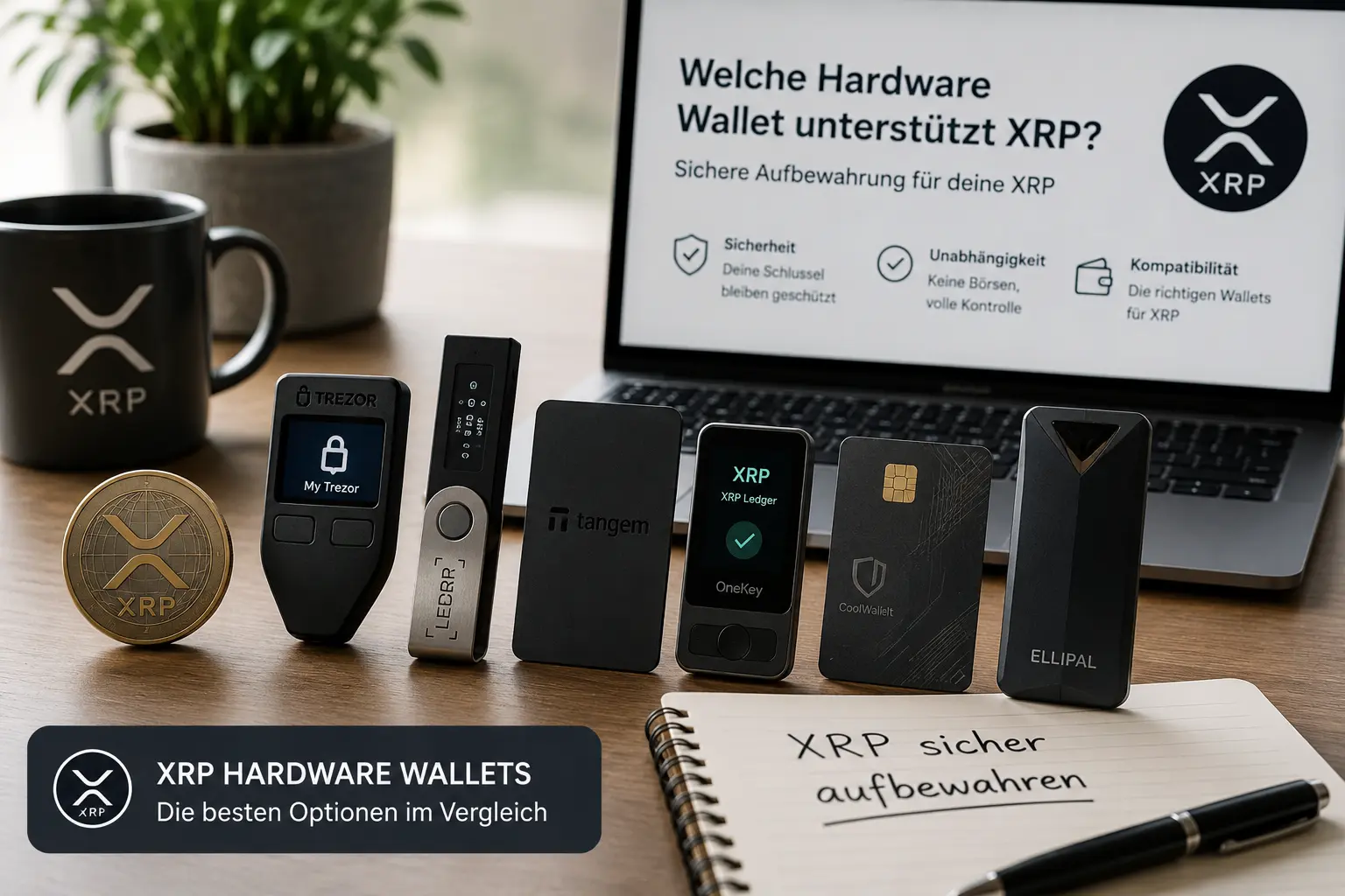 XRP Hardware Wallets im Vergleich mit Laptop, Notizbuch und verschiedenen Wallet-Geräten