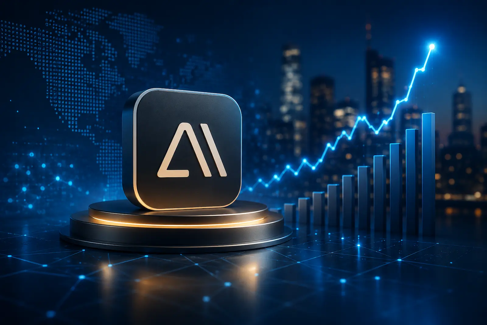 Abstraktes Hero-Bild zum möglichen Anthropic IPO 2026 mit KI-Symbol, Börsenchart und digitalem Finanzhintergrund