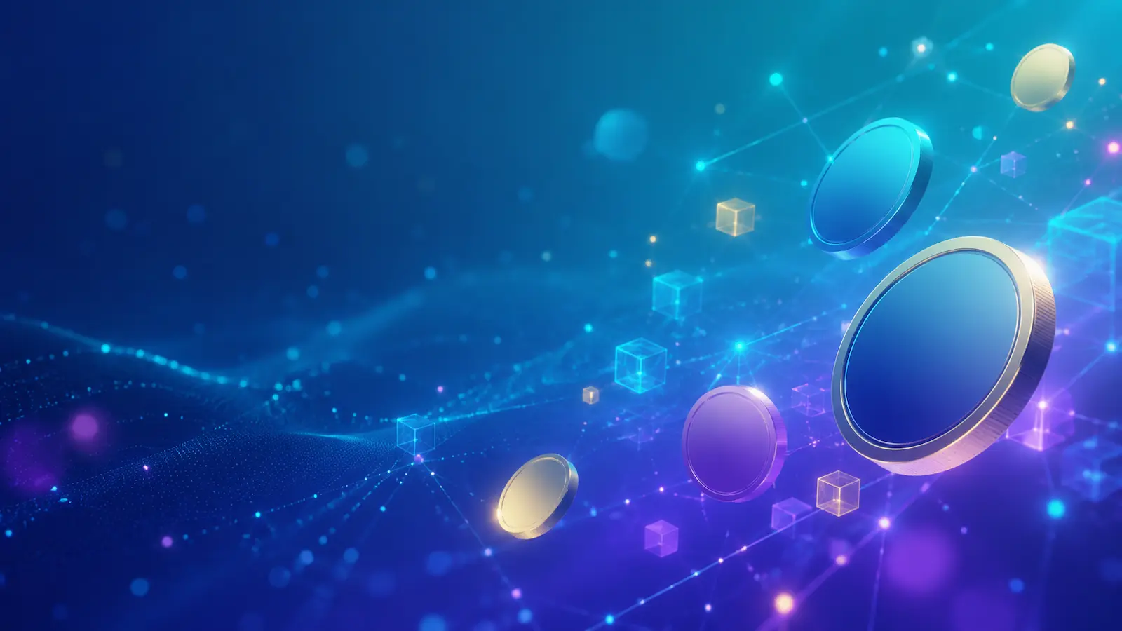 Alt-Text: Abstraktes Krypto-Hero-Bild mit leuchtenden Blockchain-Netzwerken, digitalen Coins und modernen Sicherheits-Elementen