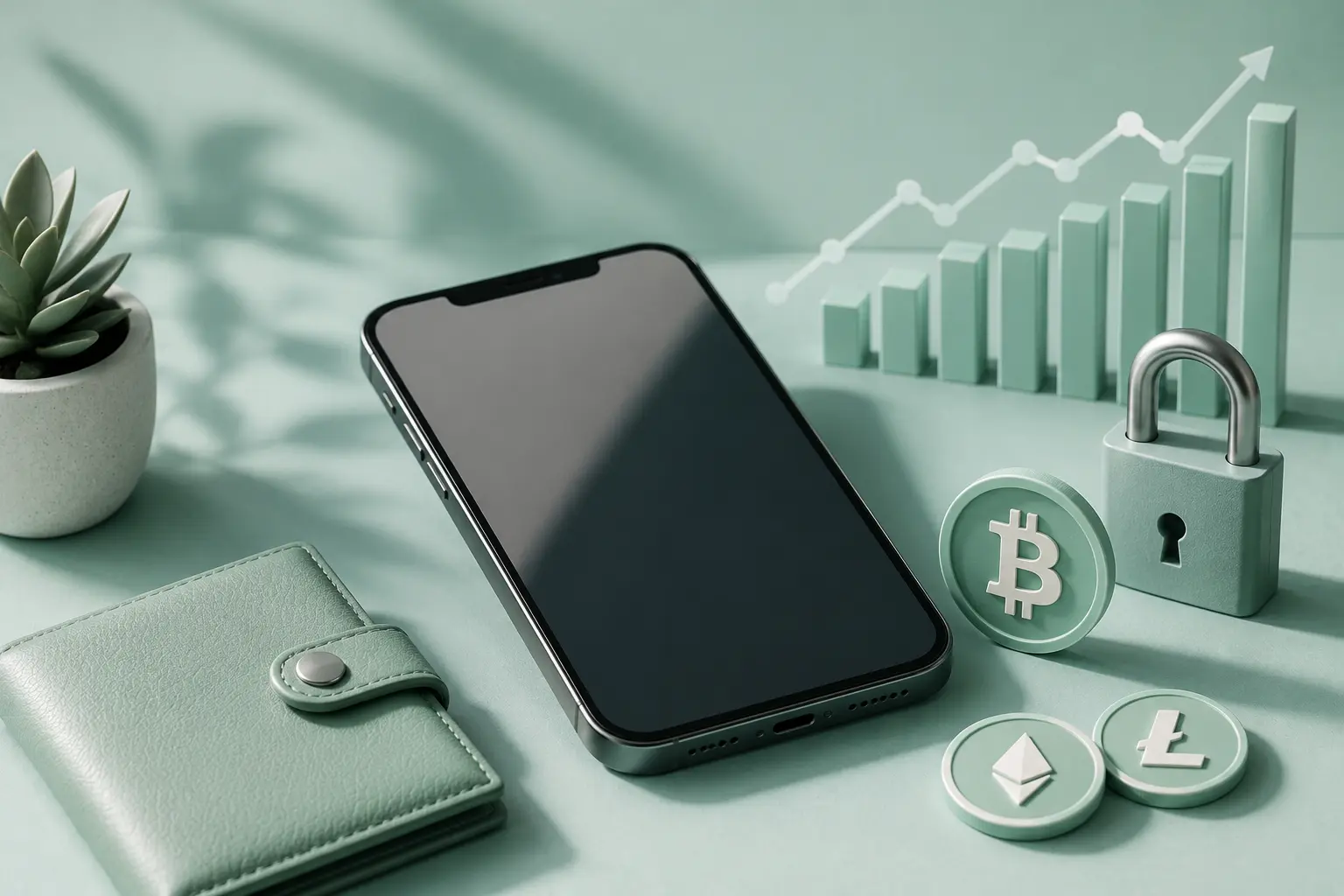 Smartphone, Krypto-Wallet, Schloss und Bitcoin-Symbole in Mintgrün als Bild zu BISON App Erfahrungen