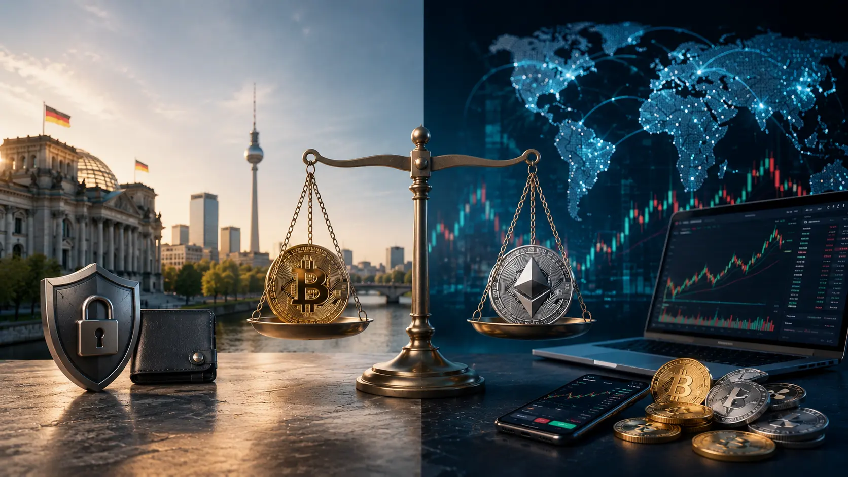 Vergleich von regulierter Krypto-Verwahrung und internationaler Krypto-Börse mit Bitcoin, Ethereum, Sicherheits-Symbol und Trading-Charts