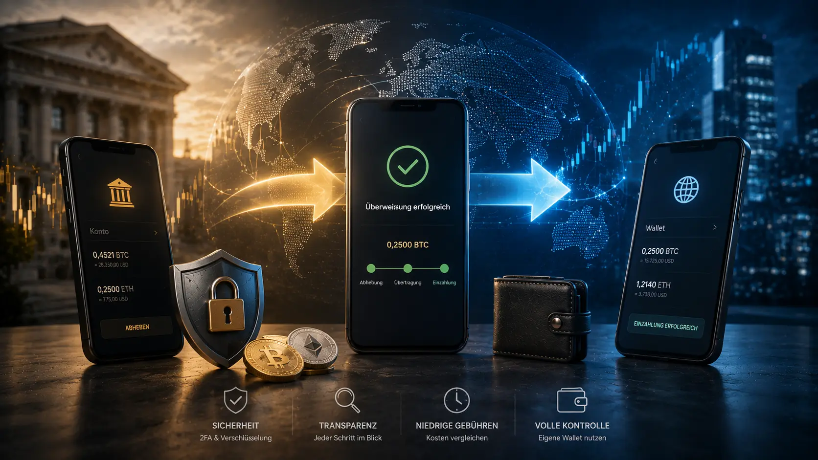 Sichere Übertragung von Bitcoin und Ethereum zwischen Krypto-Börse und Wallet mit Smartphone, Sicherheits-Symbol und Transfer-Pfeilen