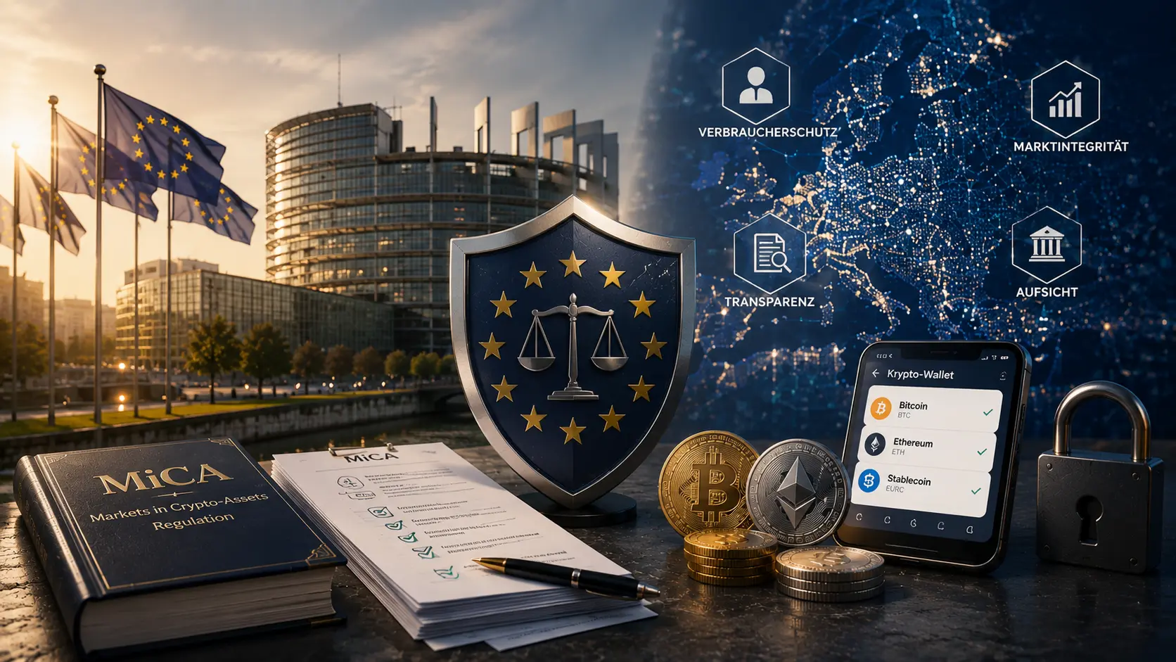 MiCA-Regulierung in der EU mit Krypto-Wallet, Bitcoin, Ethereum, Sicherheits-Symbol und europäischer Finanzaufsicht