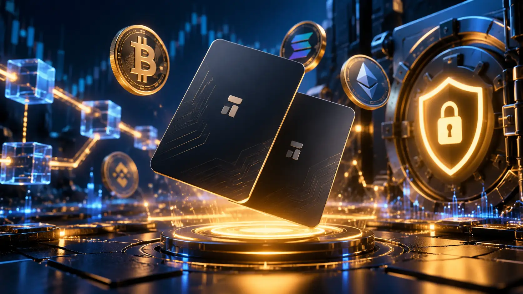 Zwei schwarze Tangem Wallet Karten vor einem digitalen Tresor mit Bitcoin und Kryptowährungen als Symbol für Sicherheit bei Kartenverlust.